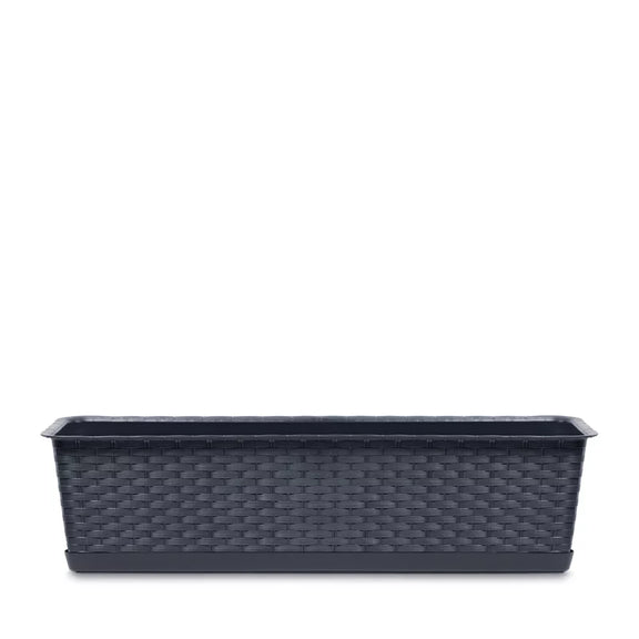 Ratolla Case 50 cm Anthracite  — klasyczna donica balkonowa w stylu rattanu, idealna na kwiaty na balkon całoroczne i mało wymagające kwiaty na słoneczny balkon.